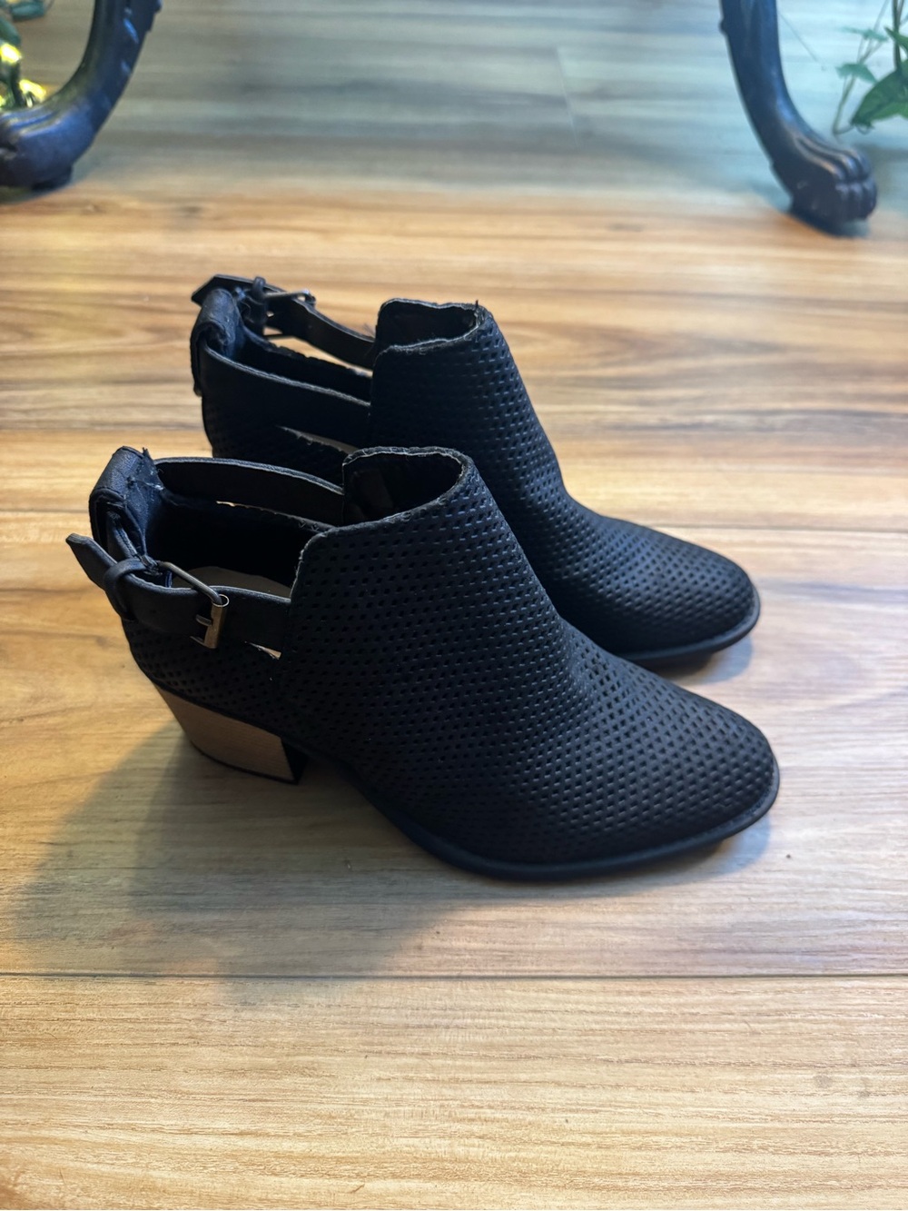 J. Adams Black Perforated Cutout Ankle Booties with Buckle Strap